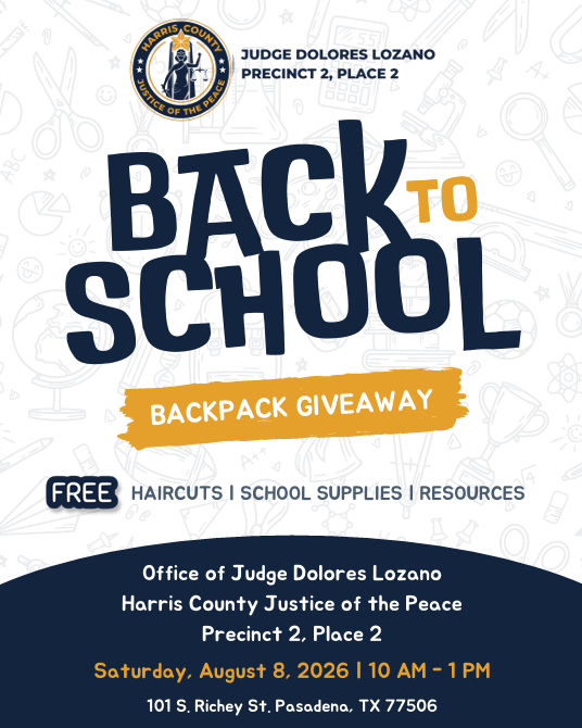 Back to School backpack giveaway flyer &mdash; Saturday August 8, 2026, 10 AM to 1 PM, 101 S. Richey St, Pasadena, Texas