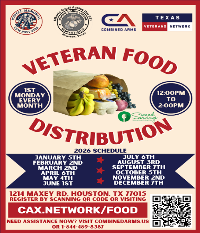 Veteran Food Distribution flyer &mdash; first Monday of every month, 12 PM to 2 PM, 1214 Maxey Rd, Houston, Texas