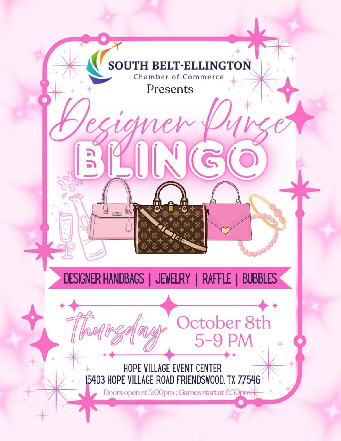 Designer Purse BLINGO flyer, South Belt-Ellington Chamber of Commerce, Thursday October 8 2026, 5 to 9 PM, Hope Village Event Center, 15403 Hope Village Road, Friendswood, Texas 77546