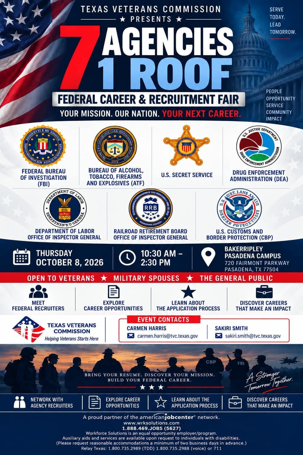 Federal Career and Recruitment Fair flyer, seven agencies one roof, Thursday October 8 2026, 10:30 AM to 2:30 PM, BakerRipley Pasadena Campus, 720 Fairmont Parkway, Pasadena, Texas 77504