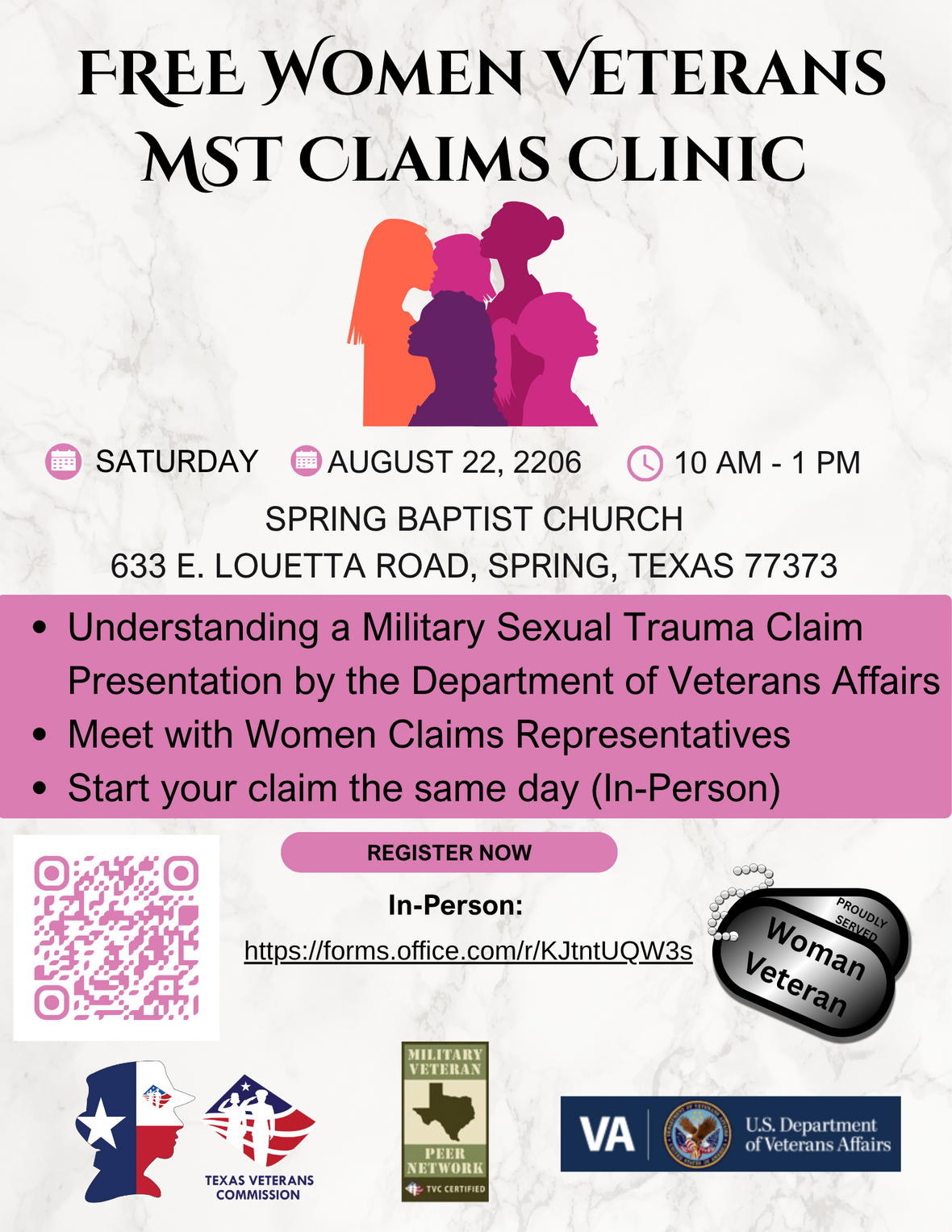 Free Women Veterans MST Claims Clinic flyer &mdash; Saturday August 22, 2026, 10 AM to 1 PM, Spring Baptist Church, Spring, Texas