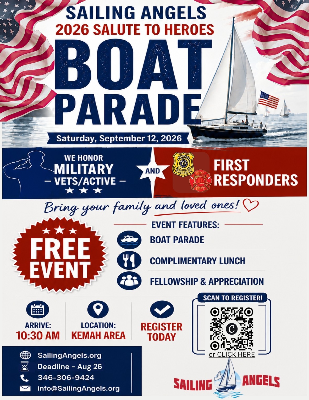 Sailing Angels 2026 Salute to Heroes Boat Parade flyer, Saturday September 12 2026, arrive 10:30 AM, Kemah area, free event, register by August 26