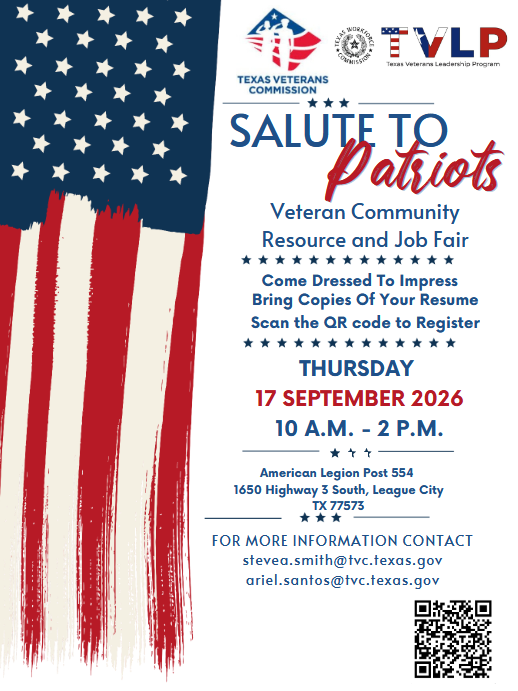 Salute To Patriots veteran community resource and job fair flyer &mdash; Thursday September 17, 2026, 10 AM to 2 PM, American Legion Post 554, League City, Texas