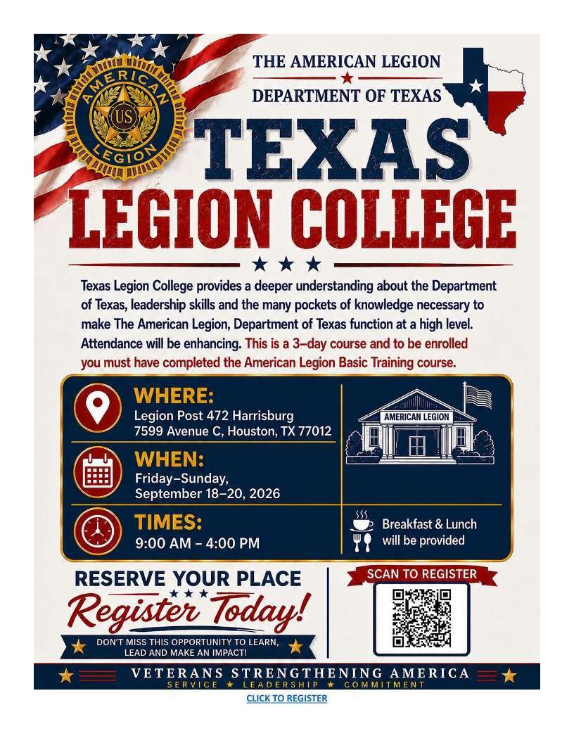 Texas Legion College flyer, Friday to Sunday September 18 to 20 2026, 9 AM to 4 PM, American Legion Post 472 Harrisburg, 7599 Avenue C Houston Texas