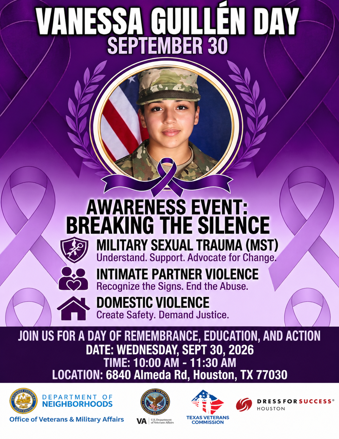 Vanessa Guillen Day flyer, awareness event Breaking the Silence, Wednesday September 30 2026, 10 AM to 11:30 AM, 6840 Almeda Road, Houston, Texas 77030