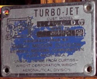 Engine data plate — Wright J65 turbojet, manufactured by General Motors