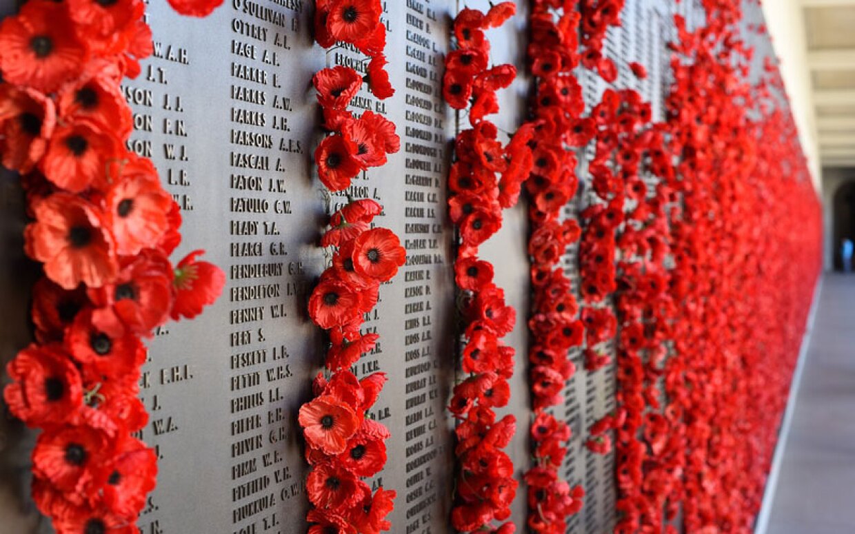 Poppies on memorial wall with names of the fallen